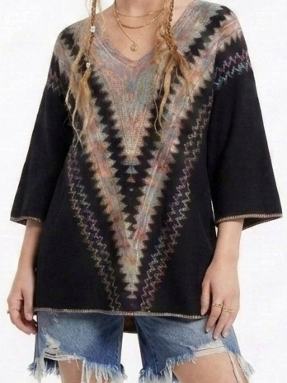 Vintage 70s CUDDLE KNIT Op Art Rainbow Hippie Boho Tunic Sweater M/L